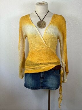 Cache Yellow Wrap-Style Crinkle Long-Sleeve Top